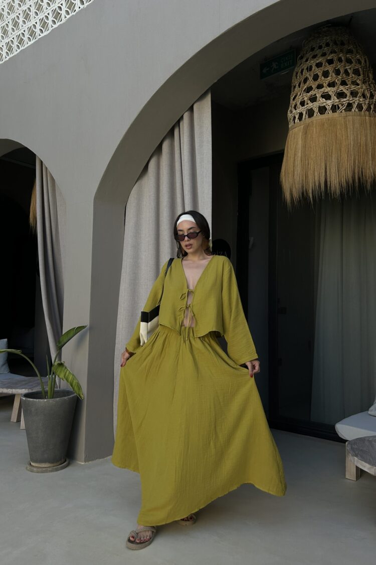 Yellow Boho Flared Maxi Skirt Mid Waist Pull On