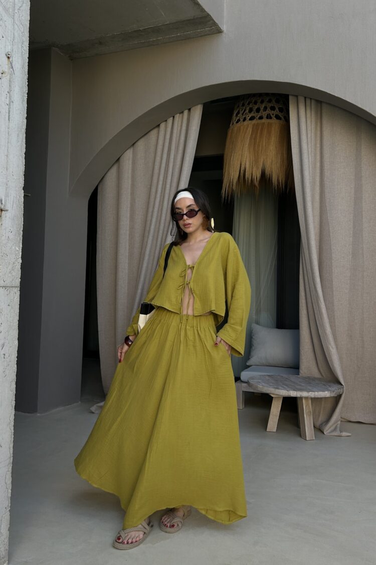 Yellow Boho Flared Maxi Skirt Mid Waist Pull On