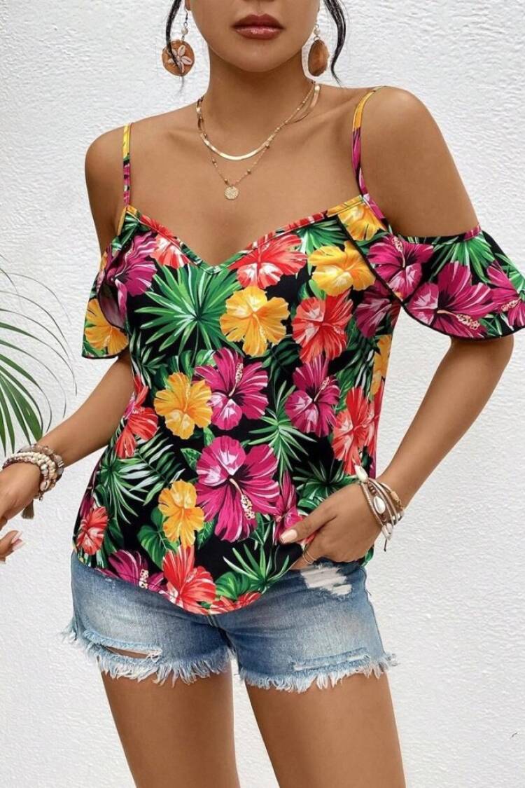 Black Floral Slim Fit Ruffle Sleeve Blouse
