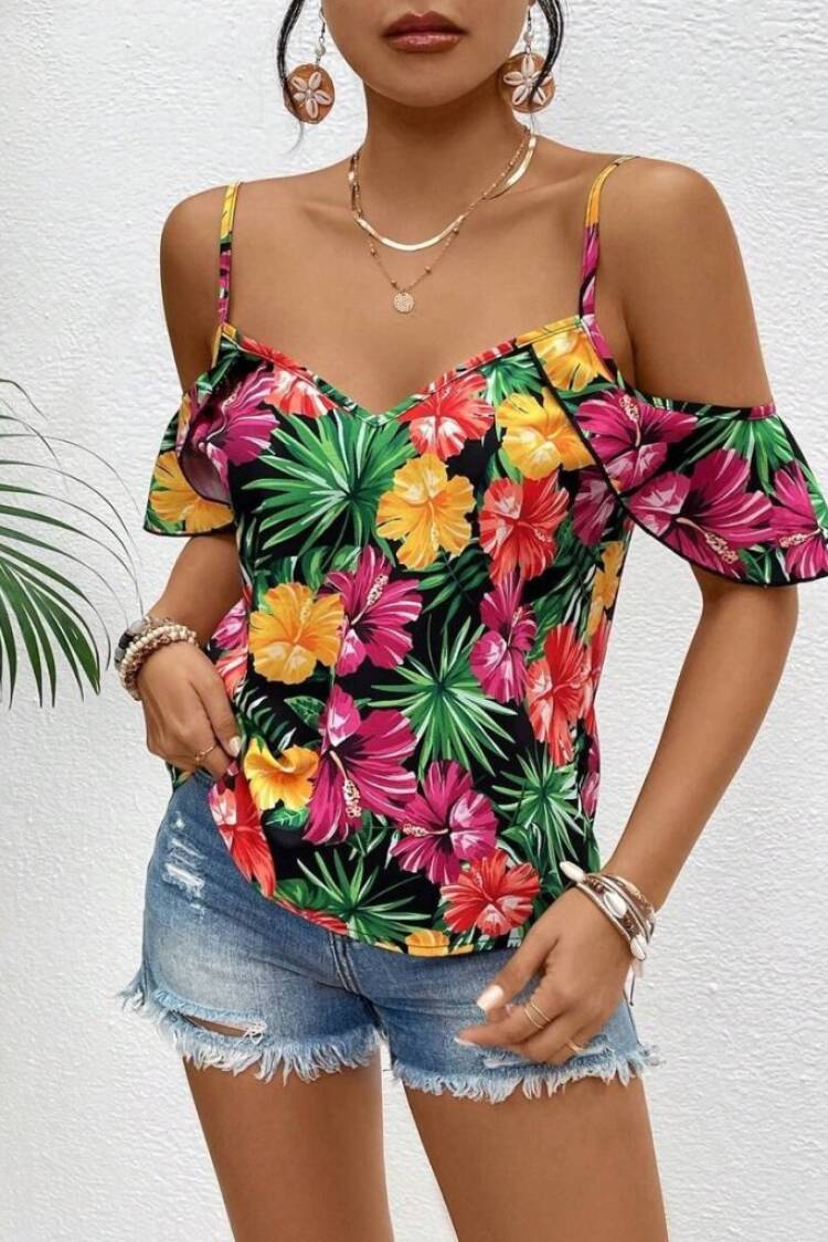 Black Floral Slim Fit Ruffle Sleeve Blouse