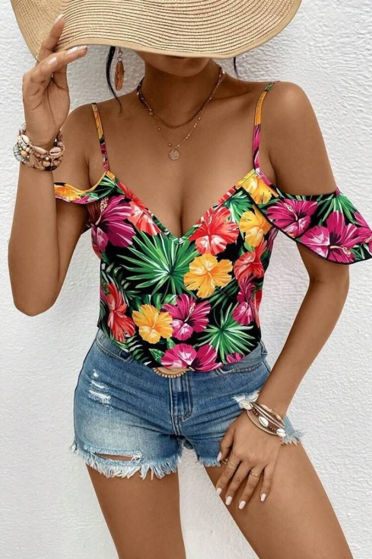 Black Floral Slim Fit Ruffle Sleeve Blouse