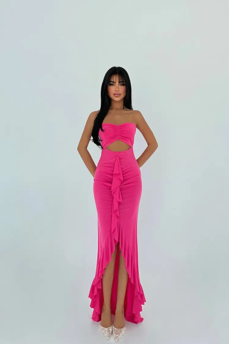 Pink Sleeveless Glam Tank Dress With Notched Neck - Brand: EYYO ATELIER - Women's Clothing Wholesale - Globality Store