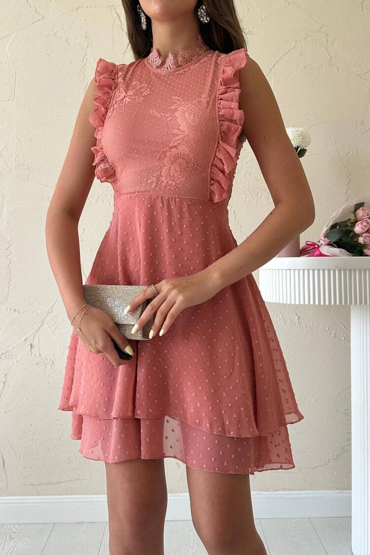 A-Line Sleeveless Mini Dress With Polka Dot & Floral