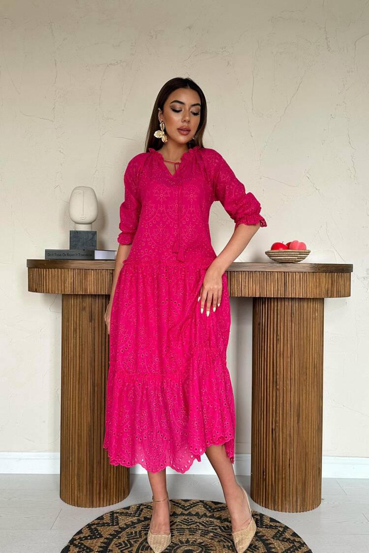 Fit And Flare Midi Dress With 3/4 Sleeves