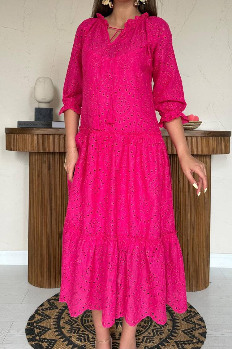Fit And Flare Midi Dress With 3/4 Sleeves