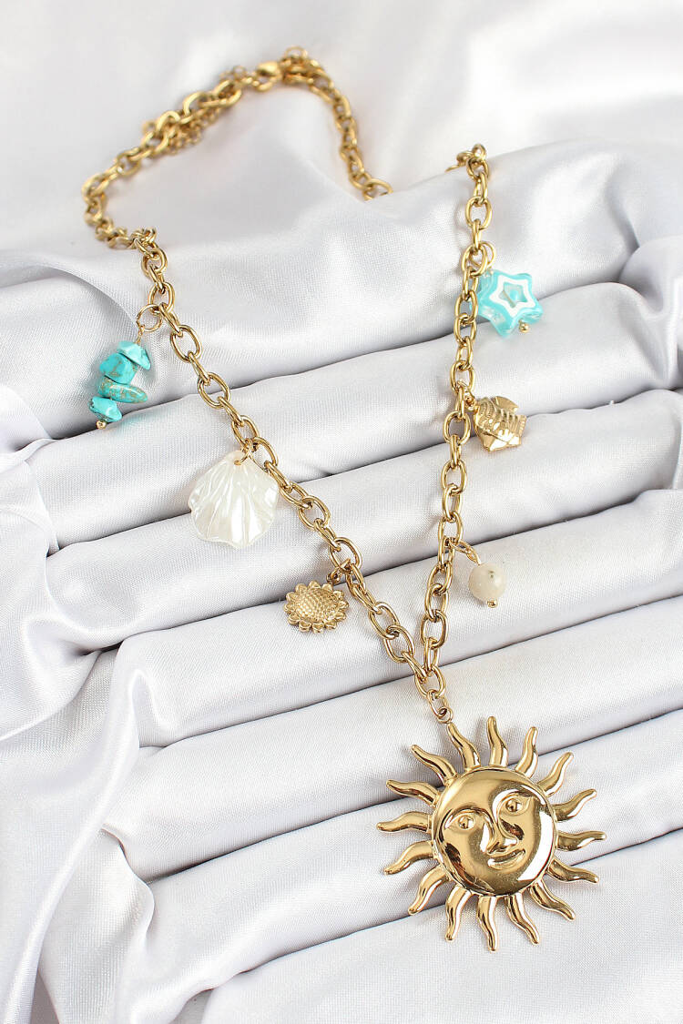316l Steel Gold Color Sun And Sea Shells Concept Women Necklace