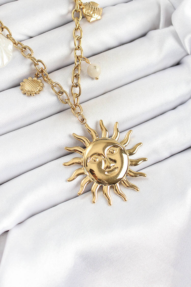 316l Steel Gold Color Sun And Sea Shells Concept Women Necklace - Brand: Ebijuteri - Women's Clothing Wholesale - Globality Store