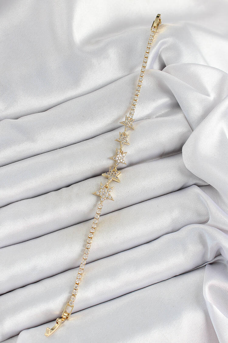 Brass Gold Color Star Pattern Women's Bracelet - Brand: Ebijuteri - Women's Clothing Wholesale - Globality Store