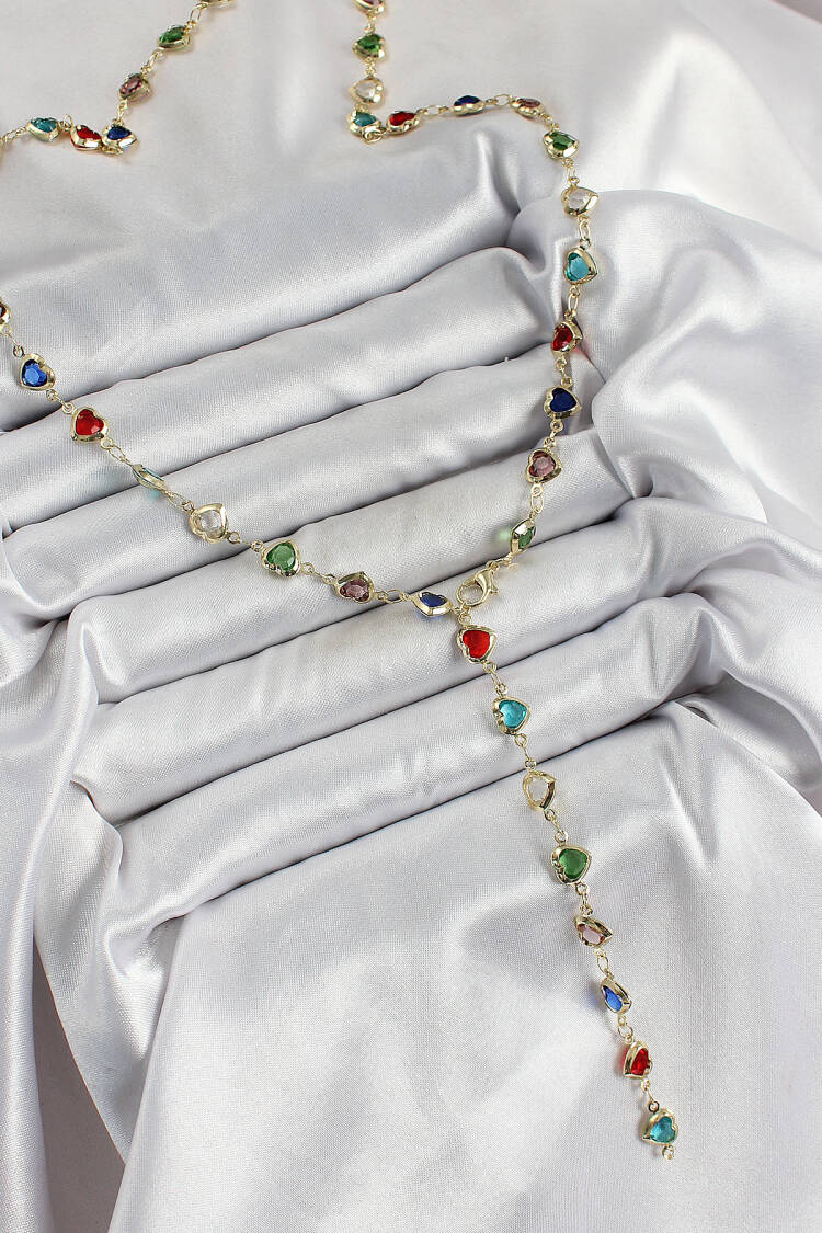 Brass Gold Color Mixed Color Zircon Stone Heart Y Women Necklace - Brand: Ebijuteri - Women & Kids, Baby Clothes Wholesale - Globality Store