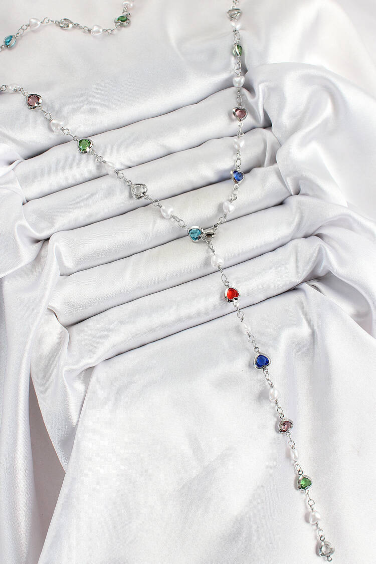 Brass Silver Color Pearl Zircon Stone Heart Y Women Necklace - Brand: Ebijuteri - Women's Clothing Wholesale - Globality Store