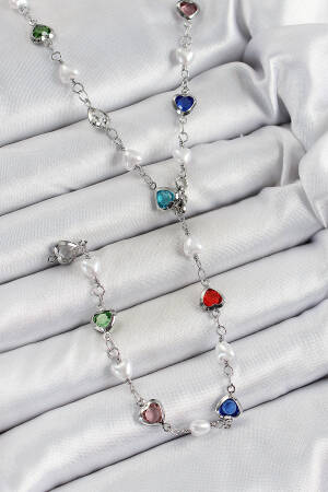 Brass Silver Color Pearl Zircon Stone Heart Y Women Necklace - Brand: Ebijuteri - Women's Clothing Wholesale - Globality Store