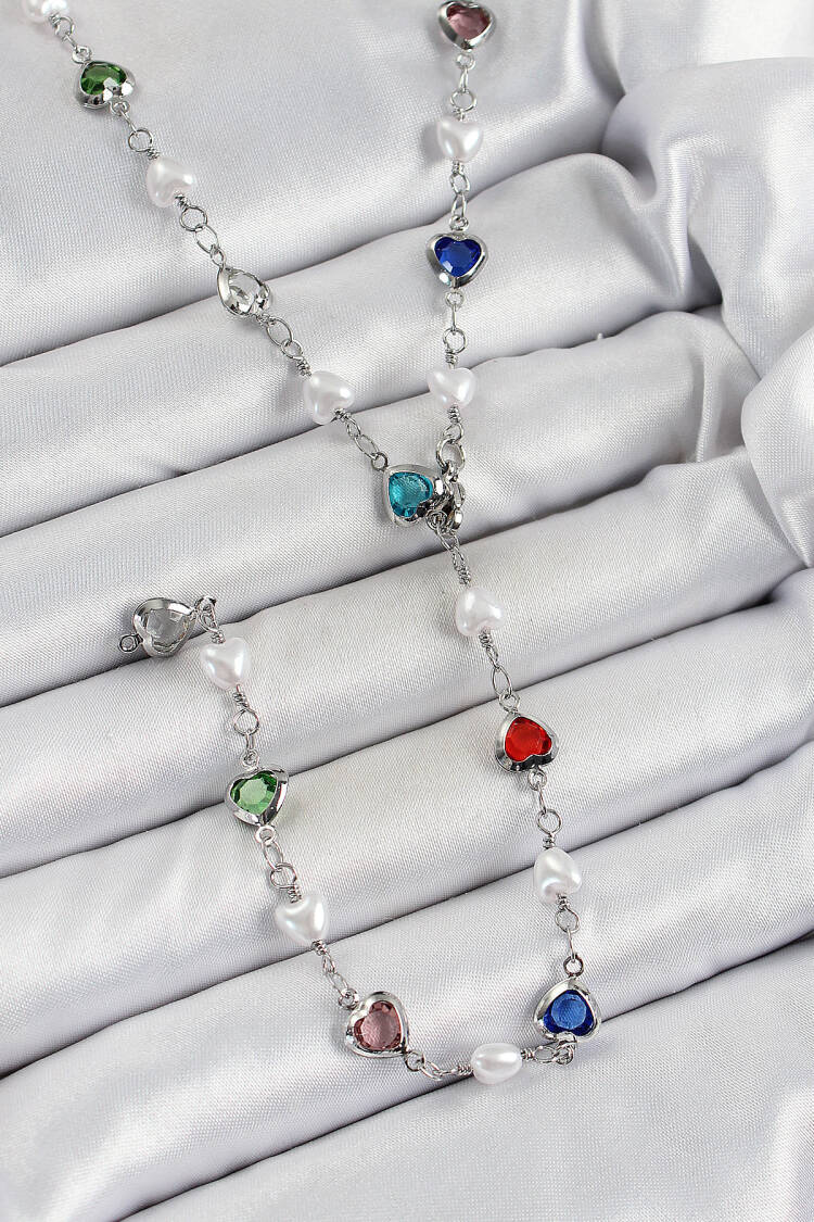 Brass Silver Color Pearl Zircon Stone Heart Y Women Necklace