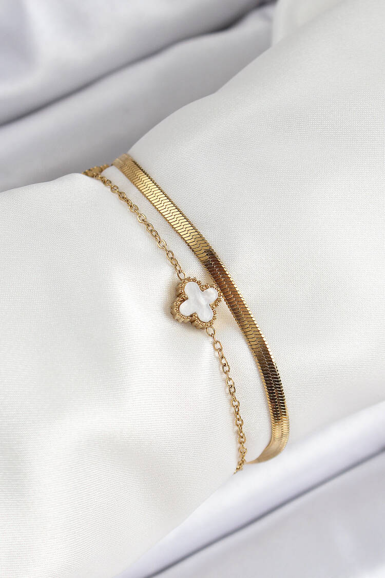 316l Steel Gold Color Black And White Clover Italian Chain 2 Pcs Women's Bracelet