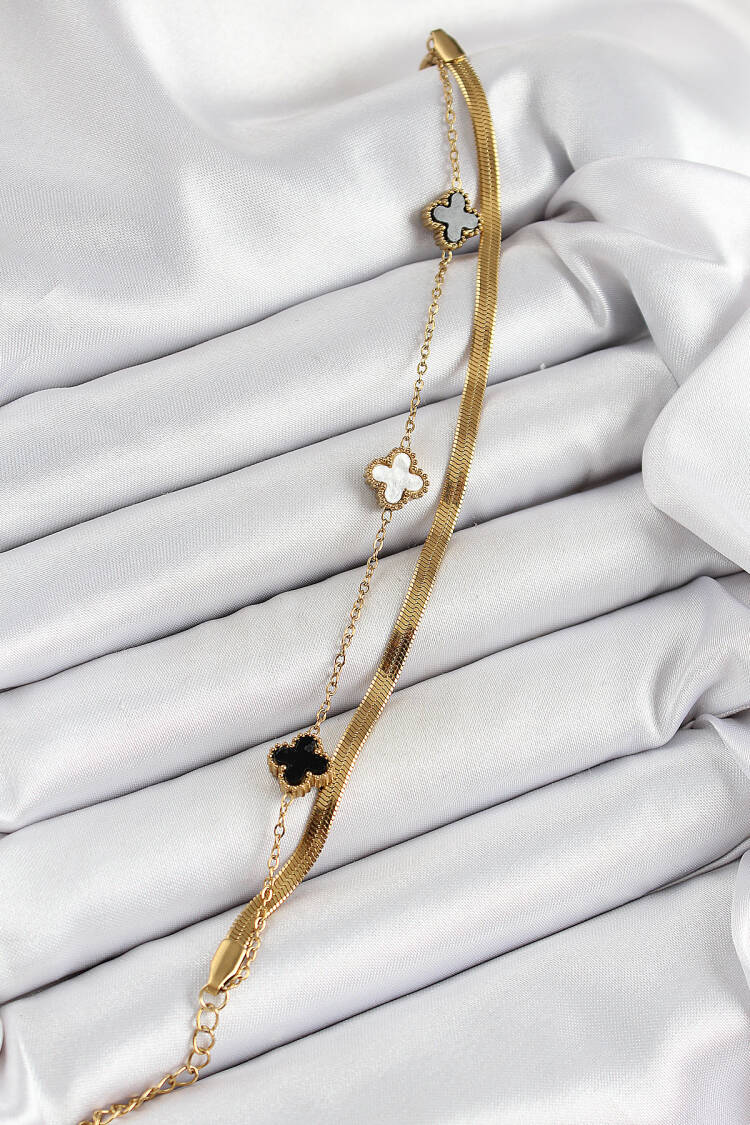 316l Steel Gold Color Black And White Clover Italian Chain 2 Pcs Women's Bracelet - Brand: Ebijuteri - Women's Clothing Wholesale - Globality Store