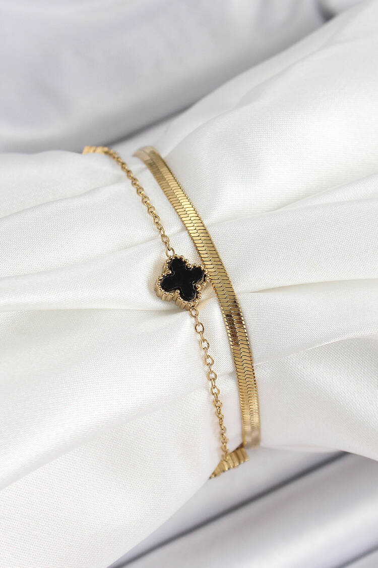 316l Steel Gold Color Black Clover Italian Chain 2 Piece Women's Bracelet