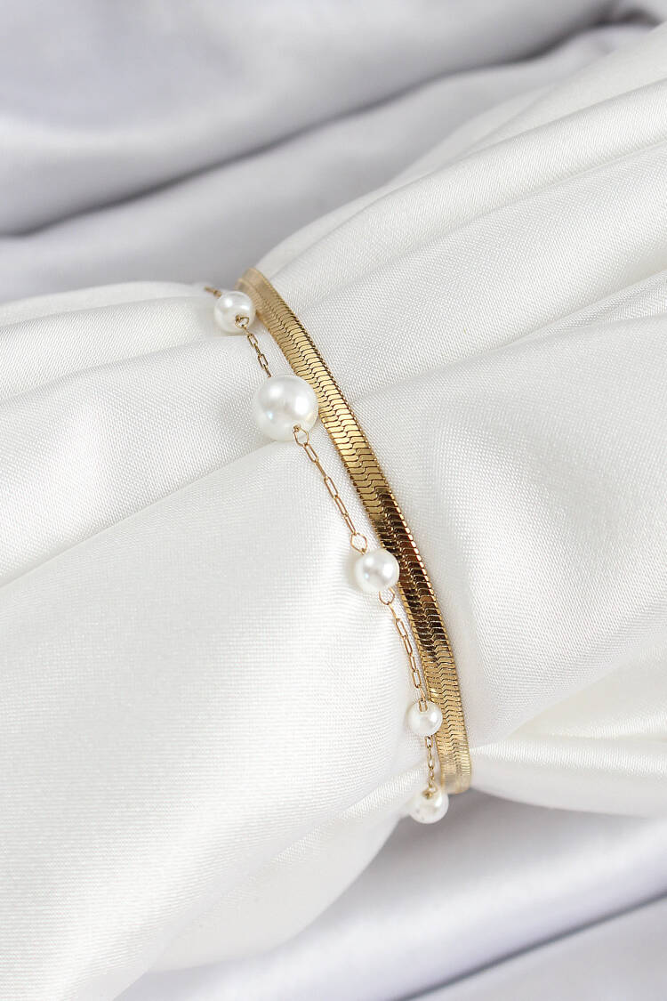 316l Steel Gold Color Pearl And Italian Chain Women's Bracelet
