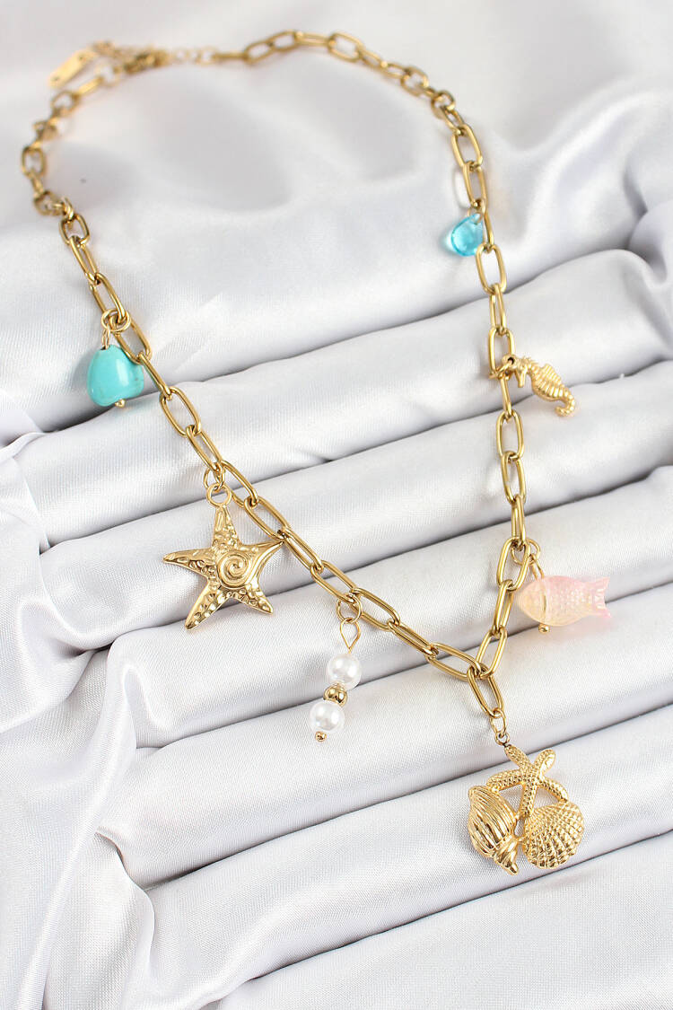 316l Steel Gold Color Starfish And Seashells Concept Women Necklace
