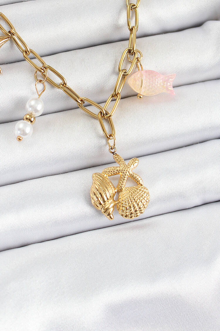 316l Steel Gold Color Starfish And Seashells Concept Women Necklace - Brand: Ebijuteri - Women's Clothing Wholesale - Globality Store