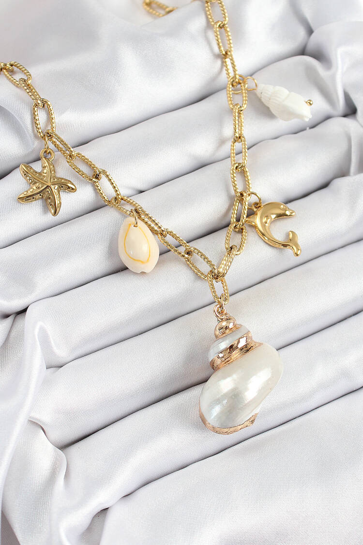 316l Steel Gold Color Women's Necklace With Sea Shell And Star Concept - Brand: Ebijuteri - Women's Clothing Wholesale - Globality Store