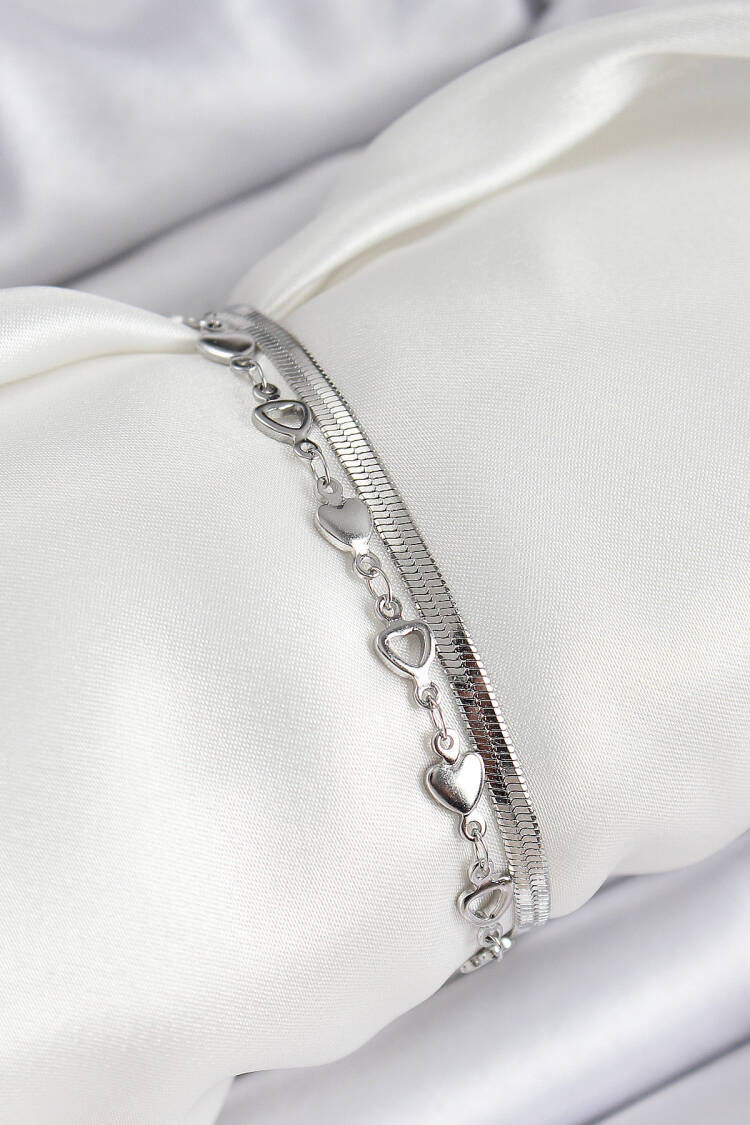 316l Steel Silver Color Heart Chain And Italian Chain 2-Piece Women's Bracelet
