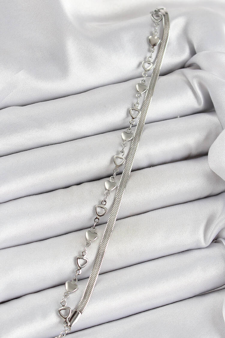 316l Steel Silver Color Heart Chain And Italian Chain 2-Piece Women's Bracelet - Brand: Ebijuteri - Women's Clothing Wholesale - Globality Store