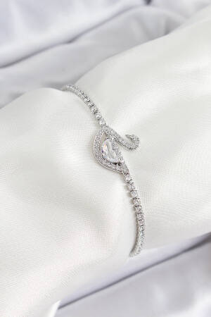 Brass Silver Color Zircon Stone Swan Model Women Bracelet - Brand: Ebijuteri - Women's Clothing Wholesale - Globality Store