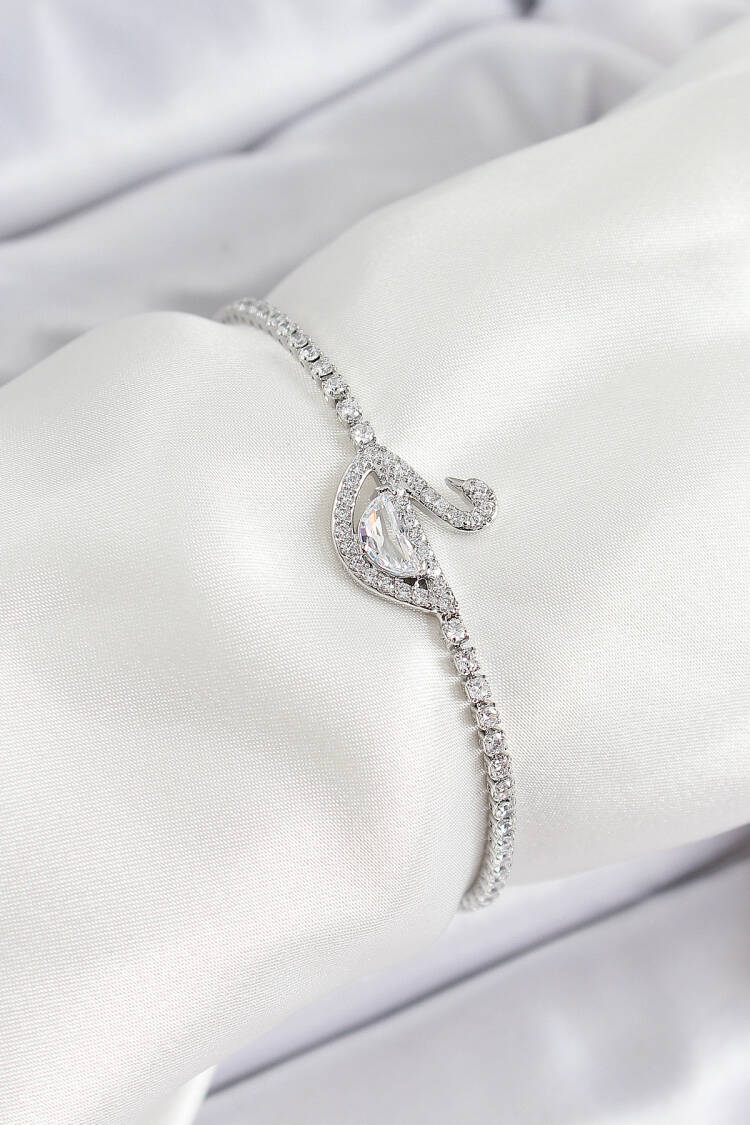 Brass Silver Color Zircon Stone Swan Model Women Bracelet - Brand: Ebijuteri - Women's Clothing Wholesale - Globality Store