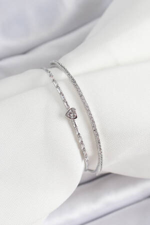 Brass Silver Color Zircon Stone Heart Detailed Women's Bracelet - Brand: Ebijuteri - Women's Clothing Wholesale - Globality Store
