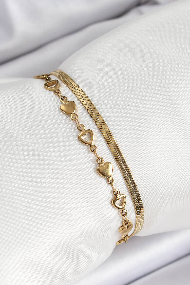 316l Steel Gold Color Heart Chain And Italian Chain 2-Piece Women's Bracelet