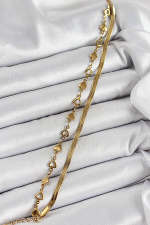 316l Steel Gold Color Heart Chain And Italian Chain 2-Piece Women's Bracelet - Brand: Ebijuteri - Women's Clothing Wholesale - Globality Store