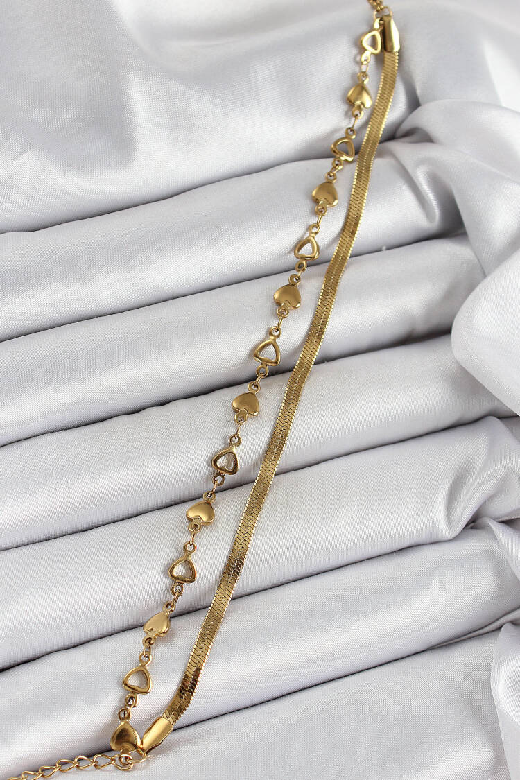 316l Steel Gold Color Heart Chain And Italian Chain 2-Piece Women's Bracelet - Brand: Ebijuteri - Women's Clothing Wholesale - Globality Store