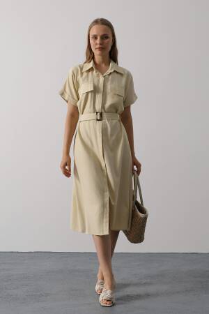 Beige Casual Elegant Midi Shirt Dress - Brand: Reyon - Women's Clothing Wholesale - Globality Store