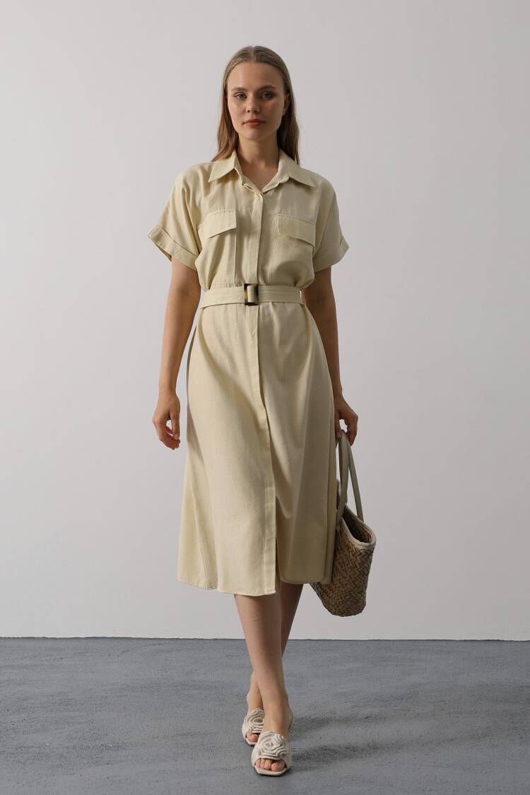 Beige Casual Elegant Midi Shirt Dress - Brand: Reyon - Women's Clothing Wholesale - Globality Store