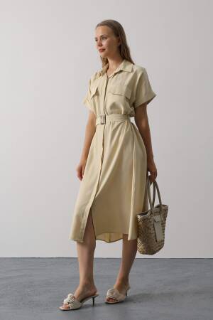 Beige Casual Elegant Midi Shirt Dress - Brand: Reyon - Women's Clothing Wholesale - Globality Store