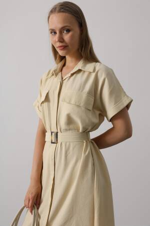 Beige Casual Elegant Midi Shirt Dress - Brand: Reyon - Women's Clothing Wholesale - Globality Store