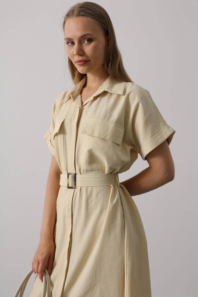 Beige Casual Elegant Midi Shirt Dress