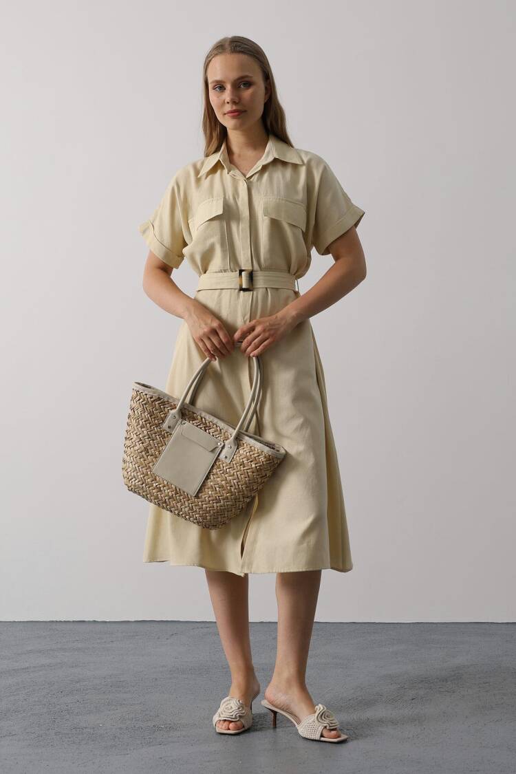 Beige Casual Elegant Midi Shirt Dress