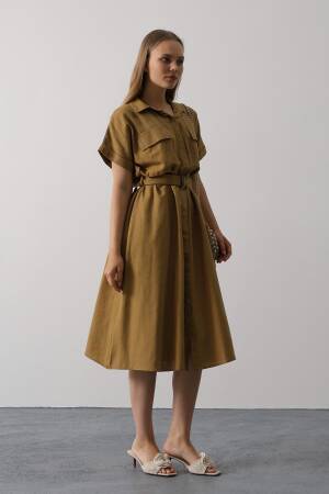 Khaki Casual Modest Elegant Formal Shirt Dress - Brand: Reyon - Women's Clothing Wholesale - Globality Store