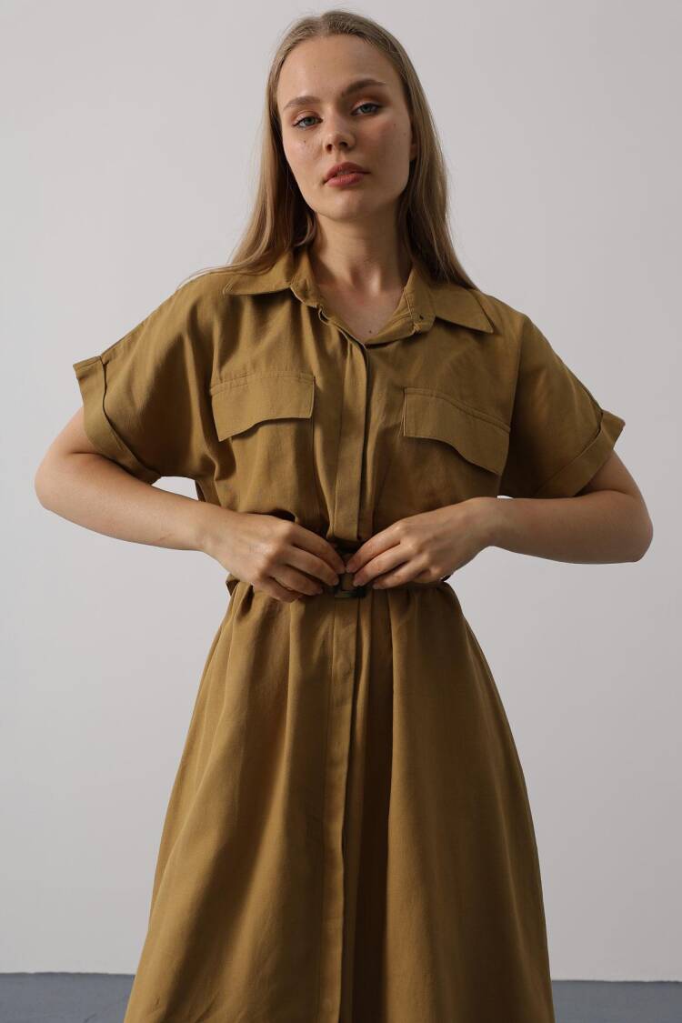 Khaki Casual Modest Elegant Formal Shirt Dress
