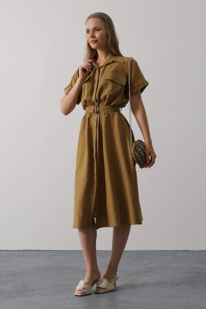 Khaki Casual Modest Elegant Formal Shirt Dress - Brand: Reyon - Women's Clothing Wholesale - Globality Store