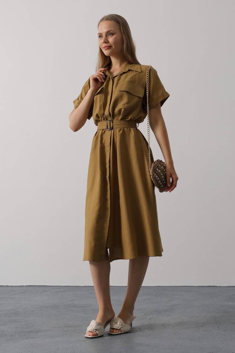 Khaki Casual Modest Elegant Formal Shirt Dress