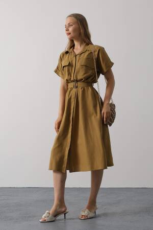 Khaki Casual Modest Elegant Formal Shirt Dress - Brand: Reyon - Women's Clothing Wholesale - Globality Store