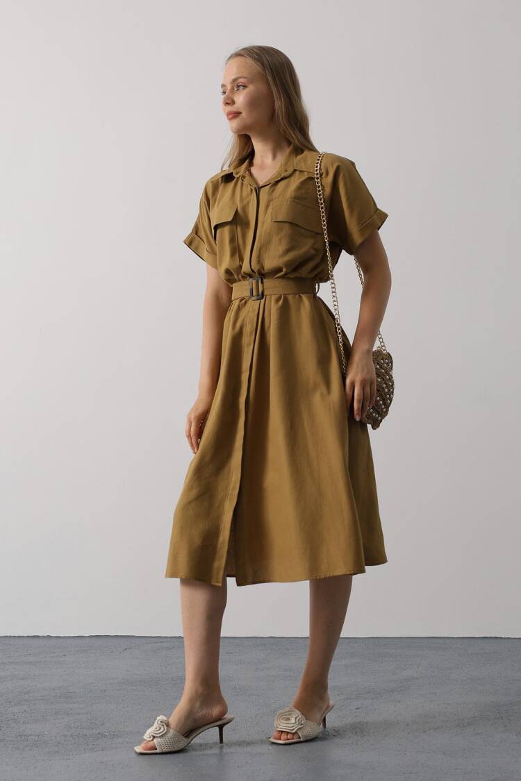 Khaki Casual Modest Elegant Formal Shirt Dress