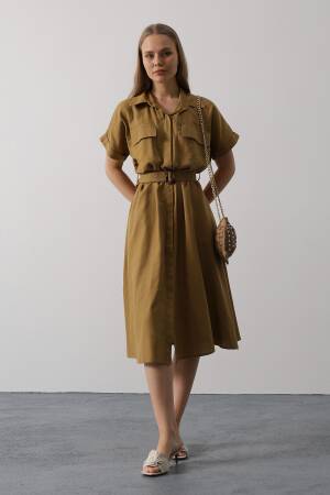 Khaki Casual Modest Elegant Formal Shirt Dress - Brand: Reyon - Women's Clothing Wholesale - Globality Store