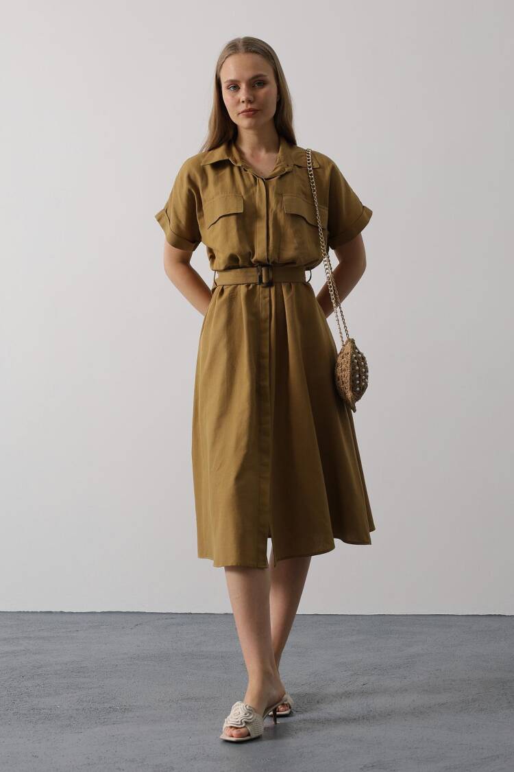 Khaki Casual Modest Elegant Formal Shirt Dress - Brand: Reyon - Women's Clothing Wholesale - Globality Store