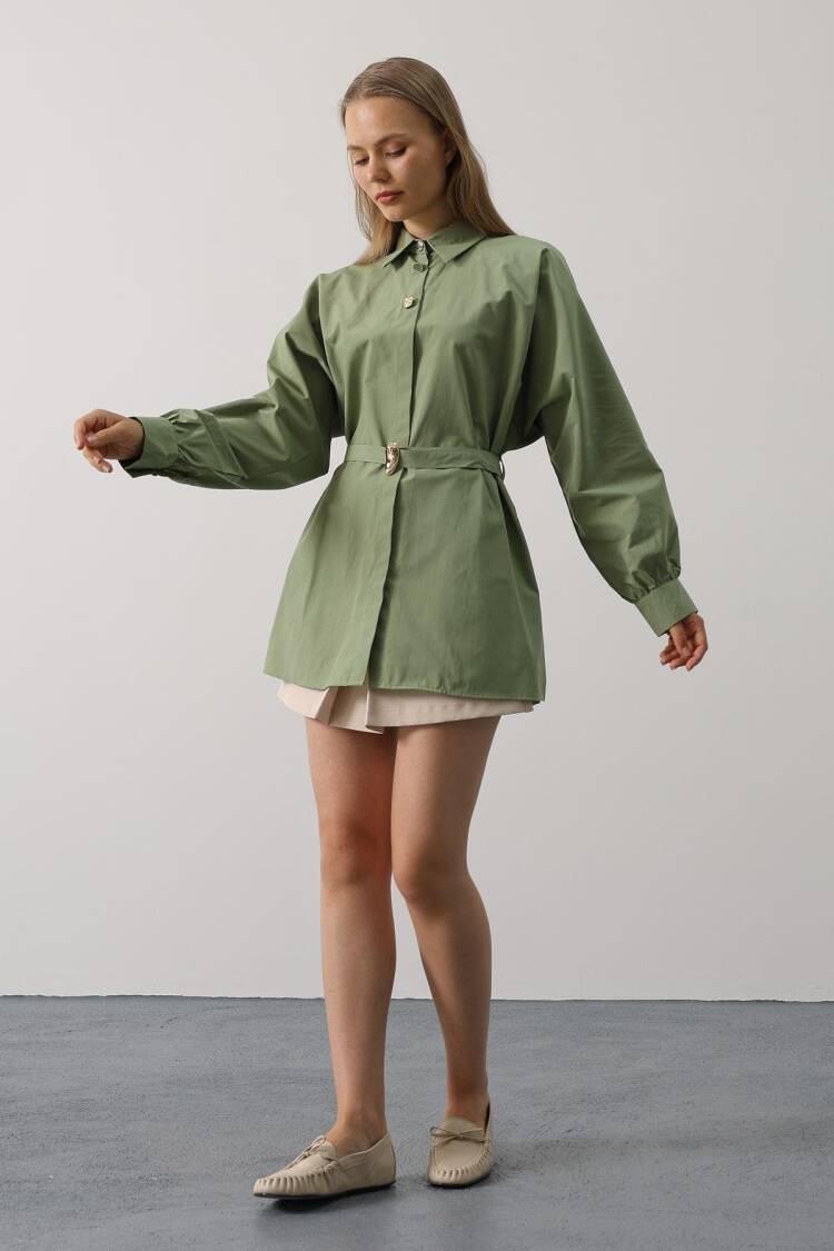 Green Shirt With Notched Neck And Buttoned Closure - Brand: Reyon - Women's Clothing Wholesale - Globality Store