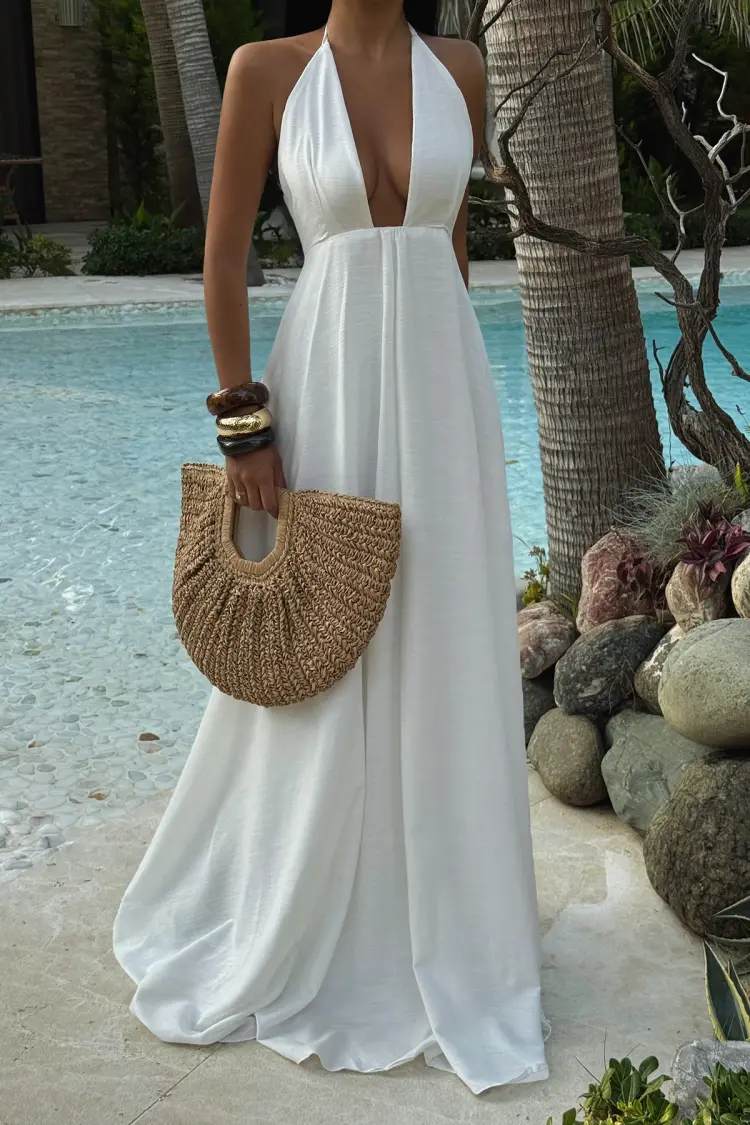White Wrap Dress With Cowl Neck Sleeveless Floor Length
