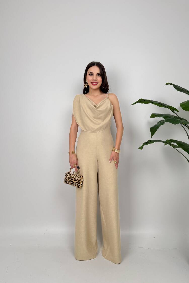 Elegant Beige Sleeveless Cowl Neck Jumper Dress - Brand: Miss Janell - Women's Clothing Wholesale - Globality Store