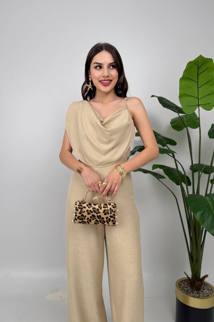 Elegant Beige Sleeveless Cowl Neck Jumper Dress