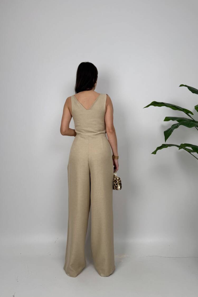 Elegant Beige Sleeveless Cowl Neck Jumper Dress